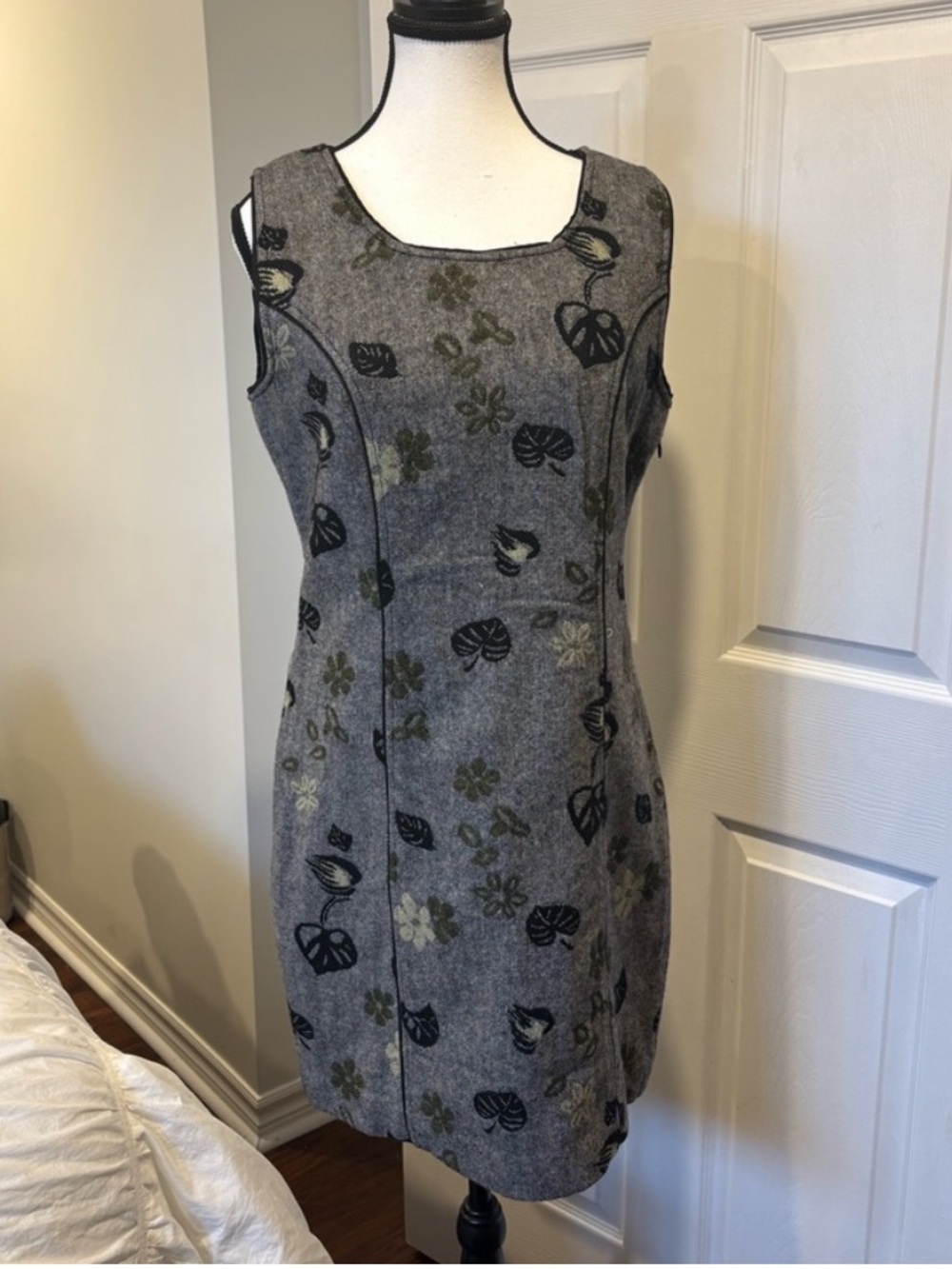 Evette & K Wool Blend Knit Sweater Dress Floral Jacquard Grey Medium
